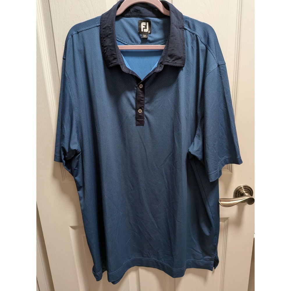 FootJoy Mens 2XL Blue Micro Check Short Sleeve Golf Polo Shirt Navy Trim FJ Logo